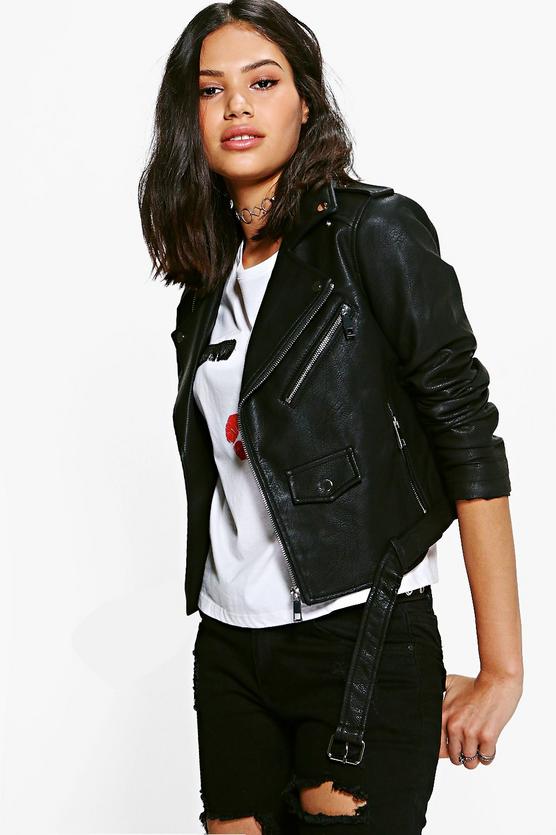 Lena Boutique Belted Faux Leather Biker Jacket